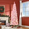 HOMCOM 7.5ft Prelit Snow Flocked Artificial Christmas Tree with Pencil Shape, Pine Realistic Branches, Warm White LED lights, Auto Open