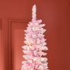 HOMCOM 7.5ft Prelit Snow Flocked Artificial Christmas Tree with Pencil Shape, Pine Realistic Branches, Warm White LED lights, Auto Open