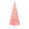 HOMCOM 6ft Prelit Snow Flocked Artificial Christmas Tree with Pencil Shape, Pine Realistic Branches, Warm White LED lights, Auto Open, Pink and White