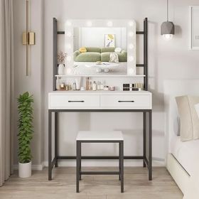 Vanity Desk with Mirror, Power Outlet and Lights, Makeup Table with Drawers, Makeup Desk Lighting Modes Brightness Adjustable (Color: G White)