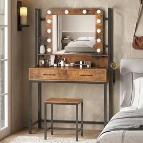 Vanity Desk with Mirror, Power Outlet and Lights, Makeup Table with Drawers, Makeup Desk Lighting Modes Brightness Adjustable (Color: G Brown-PowerStrip)