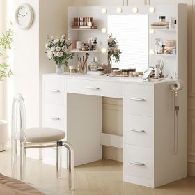 Vanity Desk with Mirror, Power Outlet and Lights, Makeup Table with Drawers, Makeup Desk Lighting Modes Brightness Adjustable (Color: A 7 Drawers White)