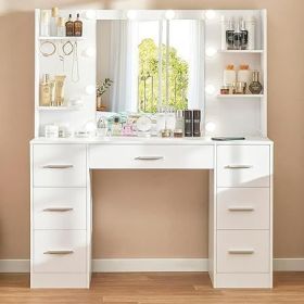 Vanity Desk with Mirror, Power Outlet and Lights, Makeup Table with Drawers, Makeup Desk Lighting Modes Brightness Adjustable (Color: N White)