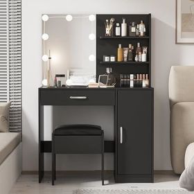 Vanity Desk with Mirror, Power Outlet and Lights, Makeup Table with Drawers, Makeup Desk Lighting Modes Brightness Adjustable (Color: L Black)