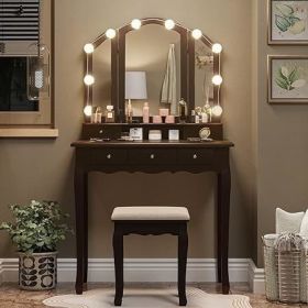 Vanity Desk with Mirror, Power Outlet and Lights, Makeup Table with Drawers, Makeup Desk Lighting Modes Brightness Adjustable (Color: J Espresso)