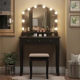 Vanity Desk with Mirror, Power Outlet and Lights, Makeup Table with Drawers, Makeup Desk Lighting Modes Brightness Adjustable (Color: J Black)