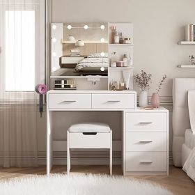 Vanity Desk with Mirror, Power Outlet and Lights, Makeup Table with Drawers, Makeup Desk Lighting Modes Brightness Adjustable (Color: I White)