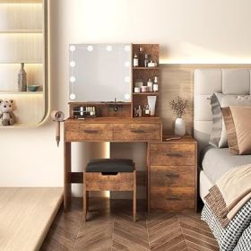 Vanity Desk with Mirror, Power Outlet and Lights, Makeup Table with Drawers, Makeup Desk Lighting Modes Brightness Adjustable (Color: I Rustic Brown)