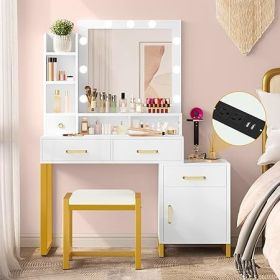 Vanity Desk with Mirror, Power Outlet and Lights, Makeup Table with Drawers, Makeup Desk Lighting Modes Brightness Adjustable (Color: D 4 Drawers White)