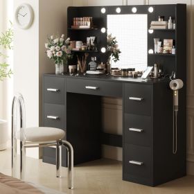 Vanity Desk with Mirror, Power Outlet and Lights, Makeup Table with Drawers, Makeup Desk Lighting Modes Brightness Adjustable (Color: A 7 Drawers Black)