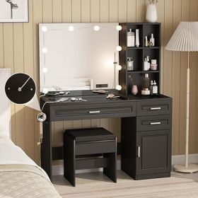 Vanity Desk with Mirror, Power Outlet and Lights, Makeup Table with Drawers, Makeup Desk Lighting Modes Brightness Adjustable (Color: R Black Charging)