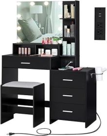 Vanity Desk with Mirror, Power Outlet and Lights, Makeup Table with Drawers, Makeup Desk Lighting Modes Brightness Adjustable (Color: O Black)