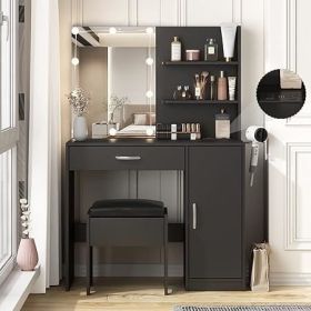 Vanity Desk with Mirror, Power Outlet and Lights, Makeup Table with Drawers, Makeup Desk Lighting Modes Brightness Adjustable (Color: L Black Power Strip)