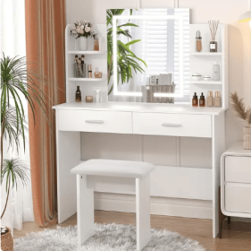 Vanity Desk with Mirror, Power Outlet and Lights, Makeup Table with Drawers, Makeup Desk Lighting Modes Brightness Adjustable (Color: Q White)