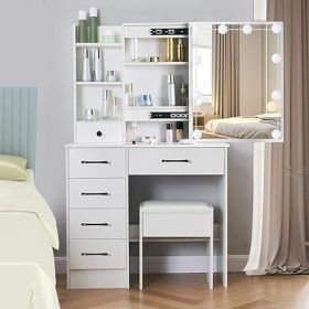Vanity Desk with Mirror, Power Outlet and Lights, Makeup Table with Drawers, Makeup Desk Lighting Modes Brightness Adjustable (Color: B 6 Drawers White)