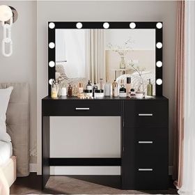 Vanity Desk with Mirror, Power Outlet and Lights, Makeup Table with Drawers, Makeup Desk Lighting Modes Brightness Adjustable (Color: H 4 Drawers Black)