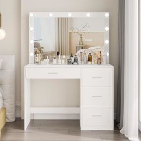Vanity Desk with Mirror, Power Outlet and Lights, Makeup Table with Drawers, Makeup Desk Lighting Modes Brightness Adjustable (Color: H 4 Drawers White)