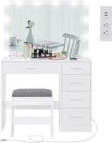 Vanity Desk with Mirror, Power Outlet and Lights, Makeup Table with Drawers, Makeup Desk Lighting Modes Brightness Adjustable (Color: S White)
