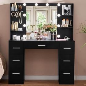 Vanity Desk with Mirror, Power Outlet and Lights, Makeup Table with Drawers, Makeup Desk Lighting Modes Brightness Adjustable (Color: N Black)
