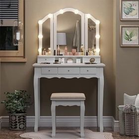 Vanity Desk with Mirror, Power Outlet and Lights, Makeup Table with Drawers, Makeup Desk Lighting Modes Brightness Adjustable (Color: J White)