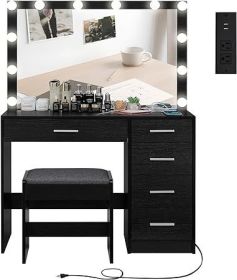 Vanity Desk with Mirror, Power Outlet and Lights, Makeup Table with Drawers, Makeup Desk Lighting Modes Brightness Adjustable (Color: S Black)