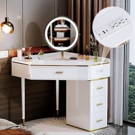 Vanity Desk with Mirror, Power Outlet and Lights, Makeup Table with Drawers, Makeup Desk Lighting Modes Brightness Adjustable (Color: E 4 Drawers White)