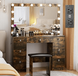 Vanity with Lighted Mirror - Makeup Vanity Desk with Mirror, Power Outlet and Drawers, Dressing Table With Color Lighting Modes (Color: Rustic)