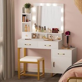 Vanity with Lighted Mirror - Makeup Vanity Desk with Mirror, Power Outlet and Drawers, Dressing Table With Color Lighting Modes (Color: Bulbs-White-1)
