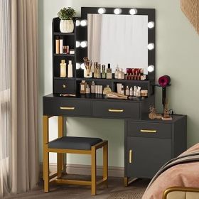 Vanity with Lighted Mirror - Makeup Vanity Desk with Mirror, Power Outlet and Drawers, Dressing Table With Color Lighting Modes (Color: Bulbs-Black)