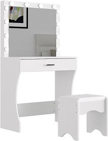 Vanity with Lighted Mirror - Makeup Vanity Desk with Mirror, Power Outlet and Drawers, Dressing Table With Color Lighting Modes (Color: White E)