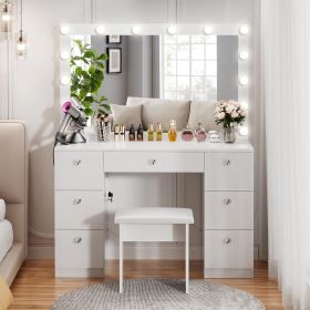 Vanity with Lighted Mirror - Makeup Vanity Desk with Mirror, Power Outlet and Drawers, Dressing Table With Color Lighting Modes (Color: White A)