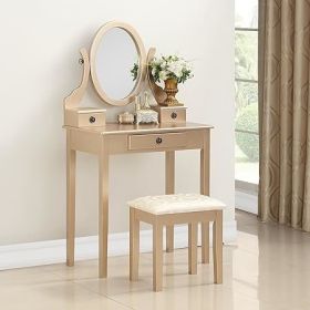 Vanity with Lighted Mirror - Makeup Vanity Desk with Mirror, Power Outlet and Drawers, Dressing Table With Color Lighting Modes (Color: Set-Gold)