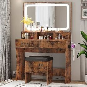 Vanity with Lighted Mirror - Makeup Vanity Desk with Mirror, Power Outlet and Drawers, Dressing Table With Color Lighting Modes (Color: Vintage Brown)