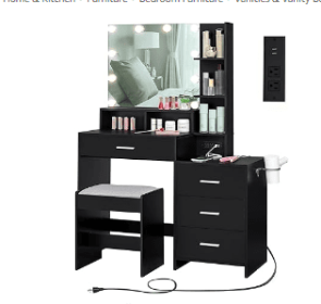 Vanity with Lighted Mirror - Makeup Vanity Desk with Mirror, Power Outlet and Drawers, Dressing Table With Color Lighting Modes (Color: Black B)