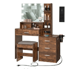 Vanity with Lighted Mirror - Makeup Vanity Desk with Mirror, Power Outlet and Drawers, Dressing Table With Color Lighting Modes (Color: Rustic Brown)