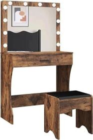 Vanity with Lighted Mirror - Makeup Vanity Desk with Mirror, Power Outlet and Drawers, Dressing Table With Color Lighting Modes (Color: Brown)