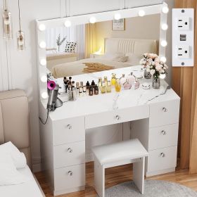 Vanity with Lighted Mirror - Makeup Vanity Desk with Mirror, Power Outlet and Drawers, Dressing Table With Color Lighting Modes (Color: Marble)