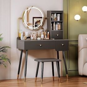 Vanity with Lighted Mirror - Makeup Vanity Desk with Mirror, Power Outlet and Drawers, Dressing Table With Color Lighting Modes (Color: Grey)